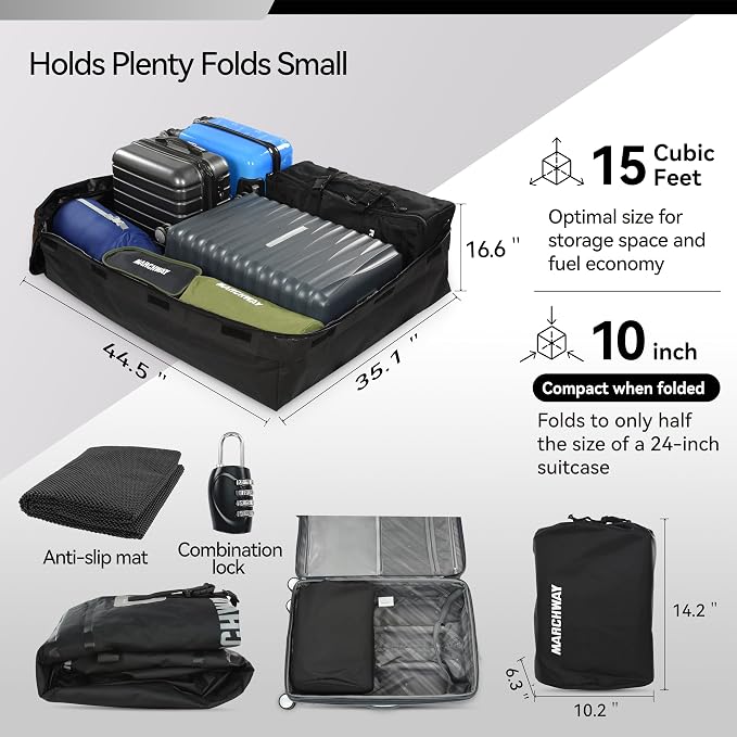 MARCHWAY Waterproof Car Roof Luggage Bag, Weatherproof Soft Shell Rooftop Cargo Carrier Bag for Vehicles with or Without Rack. 6 Door Hooks, Anti Slip Mat, Lock Included (15 Cubic Feet, Black)