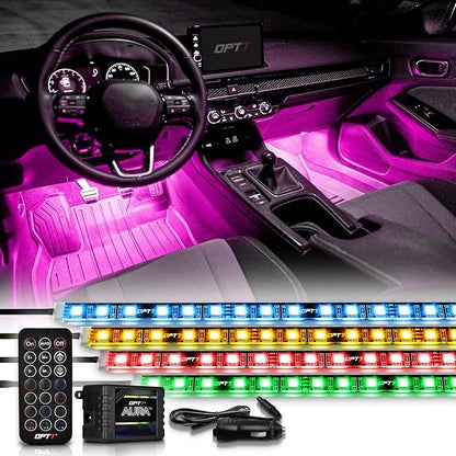 OPT7 Aura Interior Car Lights with Remote Control, 12V Music Sync Inside Ambient Lighting Kit, RGB Multicolor Under Dash Accessories, Neon Decoration Gifts, 4pc Single LED Strip