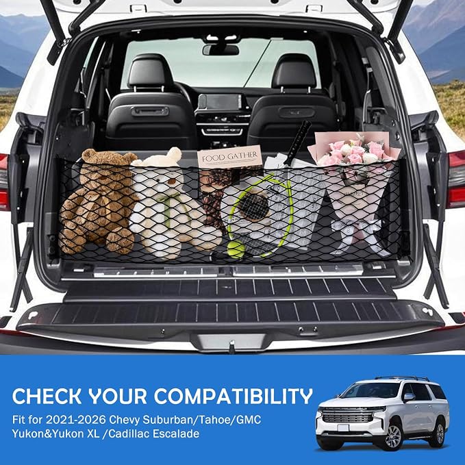 Envelope Style Cargo Net for 2021-2025 2026 Chevy Tahoe/Suburban/GMC Yukon Accessories, Rear Trunk SUV Mesh Cargo Net, Upgraded 5mm Bungee & Double-Layer Nylon Storage Netting Grocery&Tools Organizer