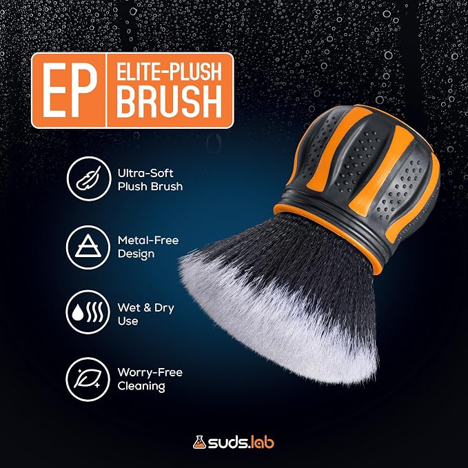 Suds Lab Elite-Plush Detailing Brush with Stand – Ultra-Soft Detailing Brushes with Synthetic Bristles – Metal-Free Auto Brush for Scratch-Free Cleaning on Piano Black & Clusters