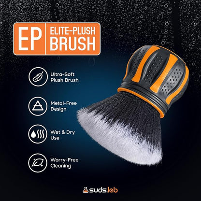 Suds Lab Elite-Plush Detailing Brush with Stand – Ultra-Soft Detailing Brushes with Synthetic Bristles – Metal-Free Auto Brush for Scratch-Free Cleaning on Piano Black & Clusters