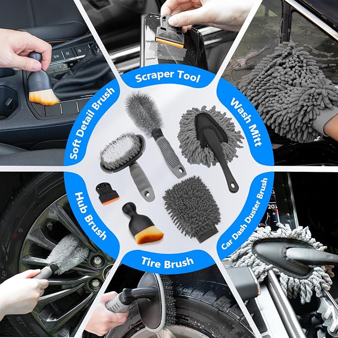 ThinkLearn Car Wash Detailing Kit with Foam Gun, Car Cleaning Kit Set,Car Wash Brush with Long Handle, Large Folding Bucket for Interior Exterior Car Wash Supplies, Car Gift Set Gray