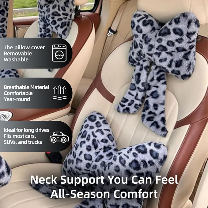 Car Neck Pillow 2PCS Plush Bowknot Car Headrest Pillow – Comfortable Neck Support for Driving Soft Touch Fabric Car Pillow Cute Interior Decor (Blue Leopard Set 4)