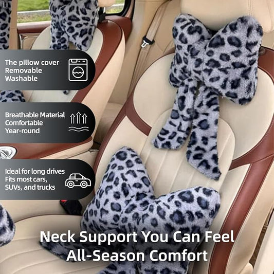 Car Neck Pillow 2PCS Plush Bowknot Car Headrest Pillow – Comfortable Neck Support for Driving Soft Touch Fabric Car Pillow Cute Interior Decor (Blue Leopard Set 4)