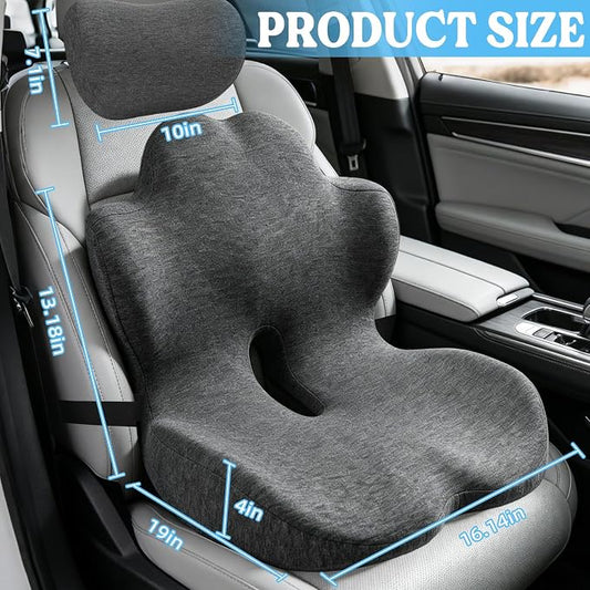 3-in-1 Memory Foam Seat Cushion & Headrest Pillow with Lumbar Support L-Shaped Ergonomic Driver Seat Cushions Design for Sciatica and Tailbone Pain Relief Comfort for Car,Truck,Chair