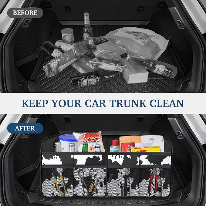 Femuar Car Trunk Organizer, Cow Print, Vintage Style, 52L Capacity, 4 Compartments, Waterproof, Non-Slip, Collapsible, 22.5"D x 18"W x 10.8"H