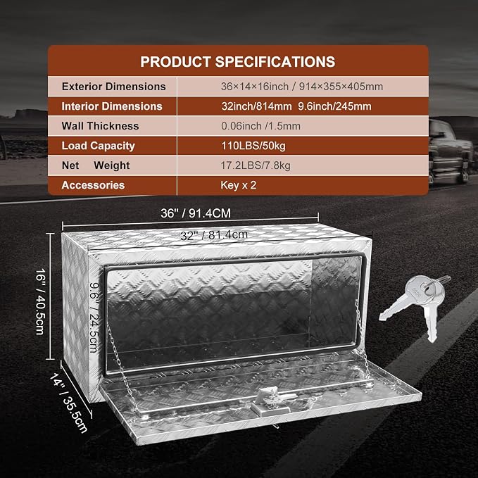 VEVOR Underbody Truck Box, 36"×14"×16" Pickup Storage Box, Heavy Duty Aluminum Diamond Plate Tool Box with Lock and Keys, Waterproof Trailer Storage Box with T-Handle Latch for Truck, Van, Trailer