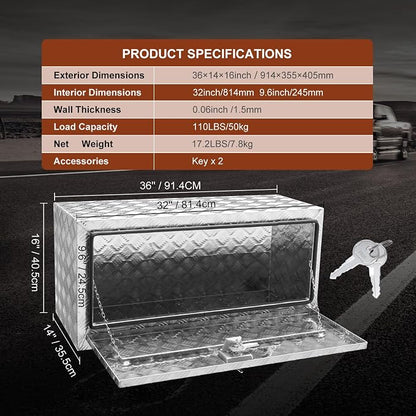 VEVOR Underbody Truck Box, 36"×14"×16" Pickup Storage Box, Heavy Duty Aluminum Diamond Plate Tool Box with Lock and Keys, Waterproof Trailer Storage Box with T-Handle Latch for Truck, Van, Trailer