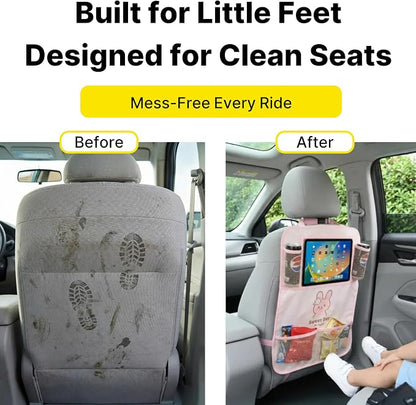 Backseat Car Organizer for Kids, Car Seat Organizer with 11” Touch Screen Tablet Holder, Rear Seat Storage Bag with Drink Pockets, Anti-Kick Seat Back Protector for Travel (Pink Rabbit)