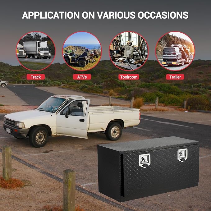 GarveeTech Underbody Truck Box,36 in Pickup Storage Box,Heavy Duty Aluminum Diamond Plate Tool Boxes with Lock and Keys,Waterproof Trailer Storage Box with T-Handle Latch for Truck,Van,Trailer，Black