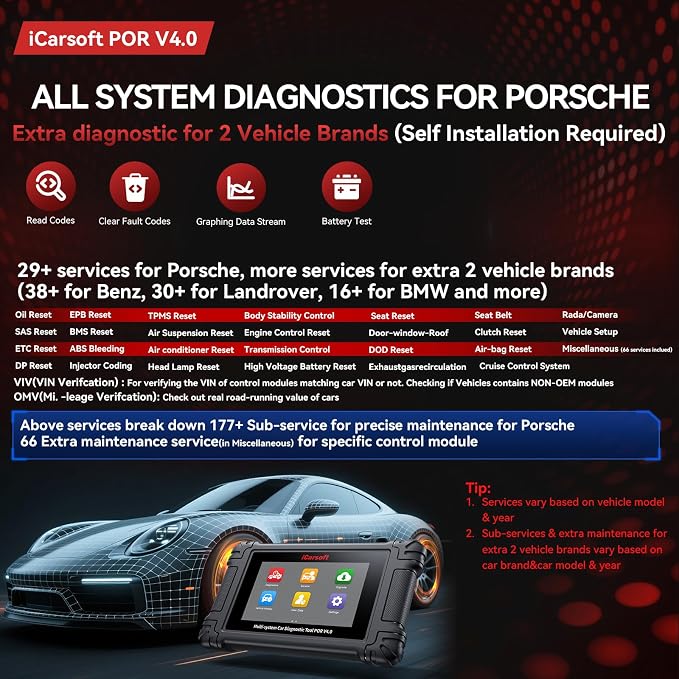 iCarsoft POR V4.0 Bidirectional Diagnostic Tool for Porsche + 2 Extra Car Brands, OBD2 Scanner with 1333 Test Items/ 29 Services (177 Subservices)/ 66 Extra Services/Battery Registration-Free Update