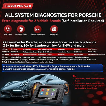 iCarsoft POR V4.0 Bidirectional Diagnostic Tool for Porsche + 2 Extra Car Brands, OBD2 Scanner with 1333 Test Items/ 29 Services (177 Subservices)/ 66 Extra Services/Battery Registration-Free Update