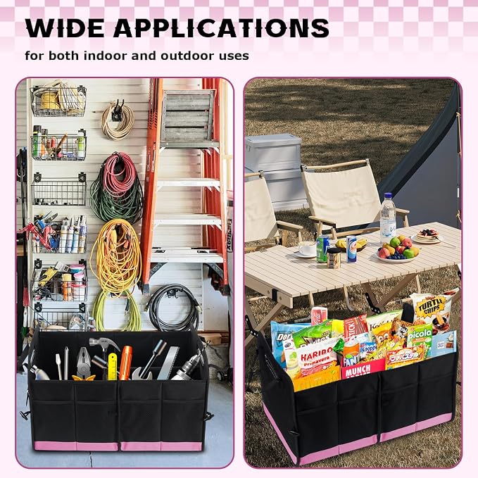 Car Trunk Organizer, 72L Large Capacity Waterproof Auto Storage Organizer with Non-Slip Bottom Strips, Collapsible Cargo Organizer for Suv, Truck, Sedan, Portable Car Accessories for Women Men(Pink)