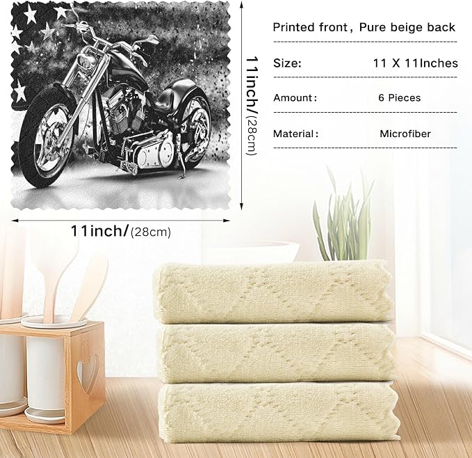 Vintage Retro Black Motorcycle with Vintage Old American Flag 6 Set Kitchen Dish Towels, Washcloths Cleaning Cloths Dish Cloths, Absorbent Towels Lint Free Bar Tea Soft Waffle Towel 11"x11"
