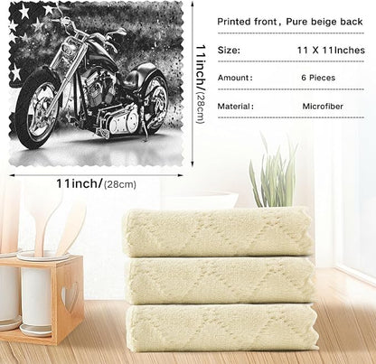 Vintage Retro Black Motorcycle with Vintage Old American Flag 6 Set Kitchen Dish Towels, Washcloths Cleaning Cloths Dish Cloths, Absorbent Towels Lint Free Bar Tea Soft Waffle Towel 11"x11"