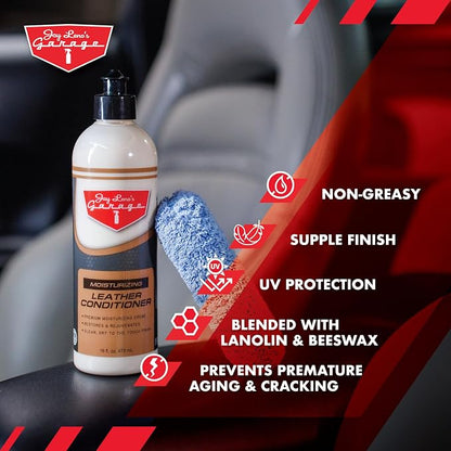 Jay Leno's Garage Car Leather Conditioner and Auto Leather Care - Professional Leather Conditioner for Car Seats, Nourishes Protects & Restores, Lanolin & Beeswax Formula, Non-Greasy Finish (16 oz)