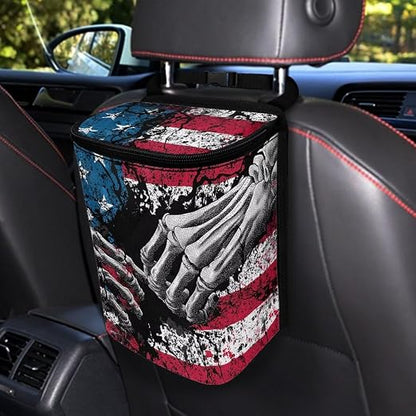 Talayituse Finger Skeleton American Flag Print Car Trash Can Portable Auto Garbage Bin Multifunctional Vehicle Interior Accessories with Adjustable Straps 4th of July Universal Fit Truck SUV Sedan
