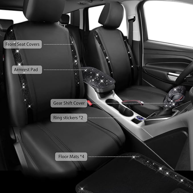 CAR PASS Bling Diamonds Car Seat Covers Front Seats Black Leather Shining Rhinestone Car Floor Mats Carpet with Anti-Slip Nibs Sparkly Glitter Crystal Car Accessories Set Universal for Girl Women