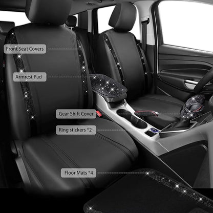 CAR PASS Bling Diamonds Car Seat Covers Front Seats Black Leather Shining Rhinestone Car Floor Mats Carpet with Anti-Slip Nibs Sparkly Glitter Crystal Car Accessories Set Universal for Girl Women