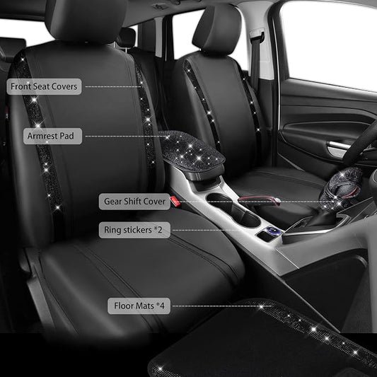 CAR PASS Bling Diamonds Car Seat Covers Front Seats Black Leather Shining Rhinestone Car Floor Mats Carpet with Anti-Slip Nibs Sparkly Glitter Crystal Car Accessories Set Universal for Girl Women