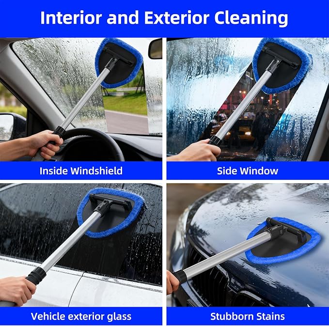Windshield Cleaner Tool with Extendable Aluminum Handle (Up to 19.7"), Streak-Free Auto Glass Cleaning Kit with 4 Thick Microfiber Pads & Spray Bottle, Inside Window Defogger Accessories