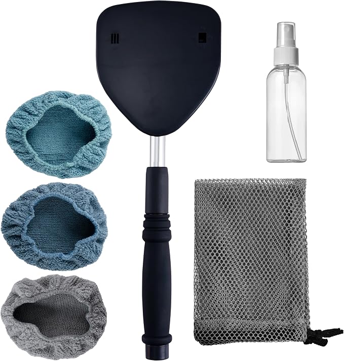 Polyte Pivoting Windshield Glass Cleaning Tool Extendable Aluminum Handle w/3 Premium Microfiber Covers, Spray Bottle, Mesh Bag, Triangle Shaped Plate