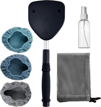 Polyte Pivoting Windshield Glass Cleaning Tool Extendable Aluminum Handle w/3 Premium Microfiber Covers, Spray Bottle, Mesh Bag, Triangle Shaped Plate