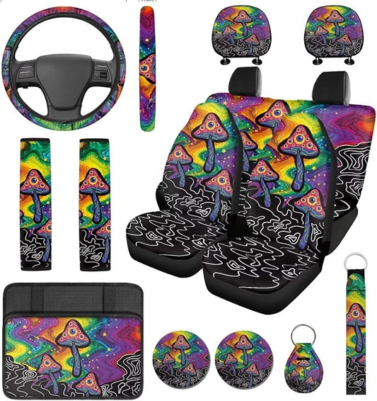 14 Pcs Abstract Mushroom Car Seat Covers with Steering Wheel Cover,Seat Belt Covers Cup Holder with Keychain,Eyes Mushroom Automotive Accessories Protector Set Universal Fit Cars SUV Trucks