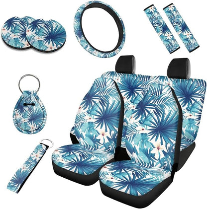 10 Pack Tropical Palm Leaves Car Seat Covers, Hawaii Hibiscus Plants Front Seats Rear Bench Polyester Car Interior Cover, Universal Auto Accessories for Sedans, SUVs
