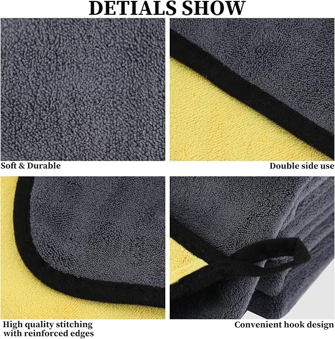 Tallew 12 Pcs Microfiber Towels for Cars, 800 GSM Plush Drying Cleaning Cloth Bulk, 16 x 16 Inch Thick Absorbent Wash Detailing Towels for Car Polishing, House, Kitchen Cleaning(Yellow and Gray)