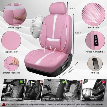 CAR PASS Nappa Leather Car Seat Covers, Cute Girly Water Resistant 3D Foam Faux Leather Seat Covers, Lumbar Support Automotive Seat Covers 2 Front Seats, Universal Fit for Cars SUV, Cute Pink White