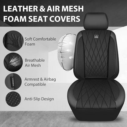 CAR PASS Thick Foam 3D Mesh Leather Car Seat Covers Full Set, Luxury Breathable Premuim Faux Leather Automotive Seat Covers, Airbag Compatible Universal Fit for Most Sedan Van Truck SUV, Pure Black