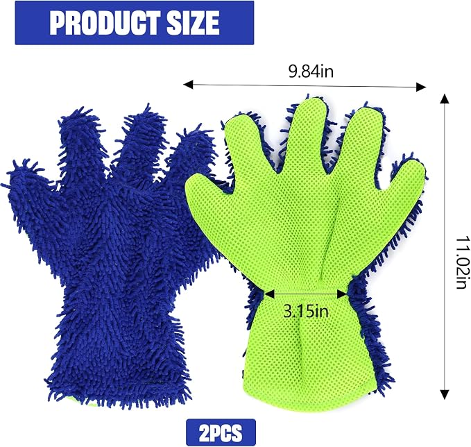 2PCS Car Wash Mitt, 5 Finger Chenille Microfiber Cleaning Mitt for Cars, Scratch-Free Auto Washing Gloves, Car Interior Exterior Cleaning Gloves, Great for Hard-to-Reach Areas (Blue)