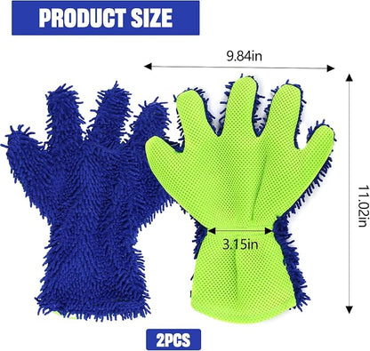 2PCS Car Wash Mitt, 5 Finger Chenille Microfiber Cleaning Mitt for Cars, Scratch-Free Auto Washing Gloves, Car Interior Exterior Cleaning Gloves, Great for Hard-to-Reach Areas (Blue)