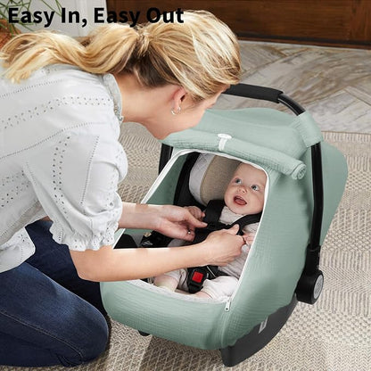 Rquite Car Seat Cover Baby, Carseat Covers Girl Boy, Breathable Muslin Cotton, Large Mesh Window, Infant Car Seat Canopy Baby Carrier Cover Stroller Sun Shade for Summer & Hot Day, Green