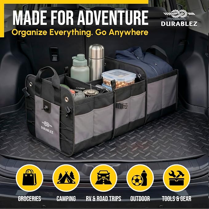 3-Section Modular Trunk Organizer XL – Car Storage for Groceries, Cleaning Supplies, Tools, Sports Gear – Foldable L-Shape Cargo Bin – Gray