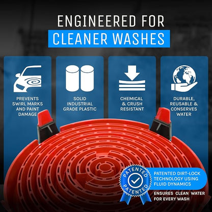 DETAIL GUARDZ Dirt Lock Car Wash Insert – Bucket Filter for 3–8 Gallon Round Pails – Traps Debris, Prevents Swirl Marks – Self-Locking Rubber Grips, Venturi Flow, Cleaning Tool (Red)