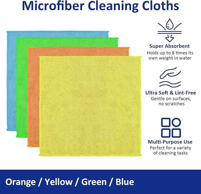Microfiber Cleaning Cloths (24-Pack), 14" x 14", Ultra Absorbent, Lint-Free, Streak-Free, Reusable, Ideal for Car, Kitchen, Window, and Household Cleaning (Orange/Yellow/Green/Blue)