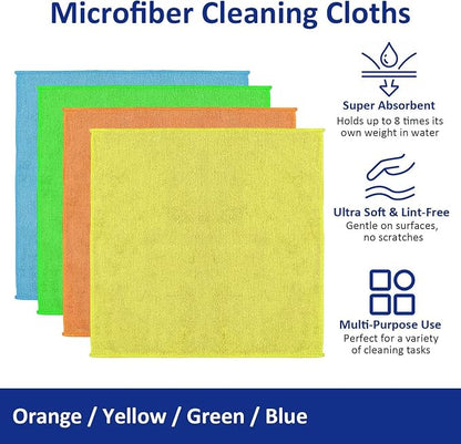 Microfiber Cleaning Cloths (24-Pack), 14" x 14", Ultra Absorbent, Lint-Free, Streak-Free, Reusable, Ideal for Car, Kitchen, Window, and Household Cleaning (Orange/Yellow/Green/Blue)
