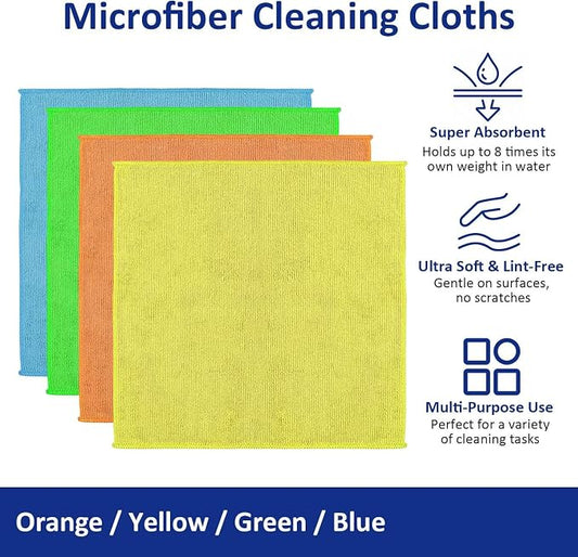 Microfiber Cleaning Cloths (24-Pack), 14" x 14", Ultra Absorbent, Lint-Free, Streak-Free, Reusable, Ideal for Car, Kitchen, Window, and Household Cleaning (Orange/Yellow/Green/Blue)