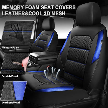 CAR PASS Memory Foam Leather Seat Covers,Air Cool Mesh Thick Car Seat Covers Front Seats Blue Leather Seat Covers for Cars Universal for SUVs Trucks,Airbag Compatible Comfort Durable,Black Blue Metal