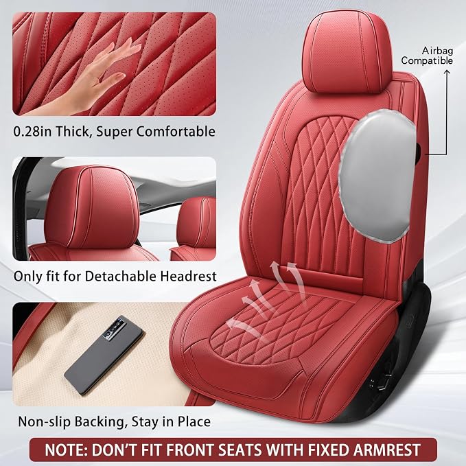 WELLDO Nappa Faux Leather Car Seat Covers Full Set, Burgundy | Waterproof, Non-Slip Seat Protector, 0.28in Thickened Cushion, Airbag Compatible, Universal for Cars SUV Truck Pickup