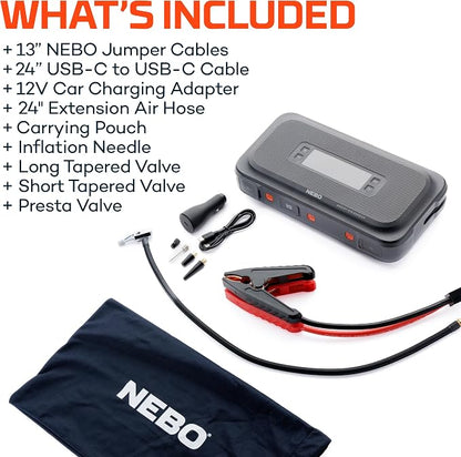 NEBO Assist 2500A Jump Starter & Air Compressor | 2500 Peak Amps, 74Wh Portable Car Jump Box for 12V Vehicles & Tire Inflator with Auto Shut-Off, Spark-Proof, USB-C Power Bank, Emergency LED Light