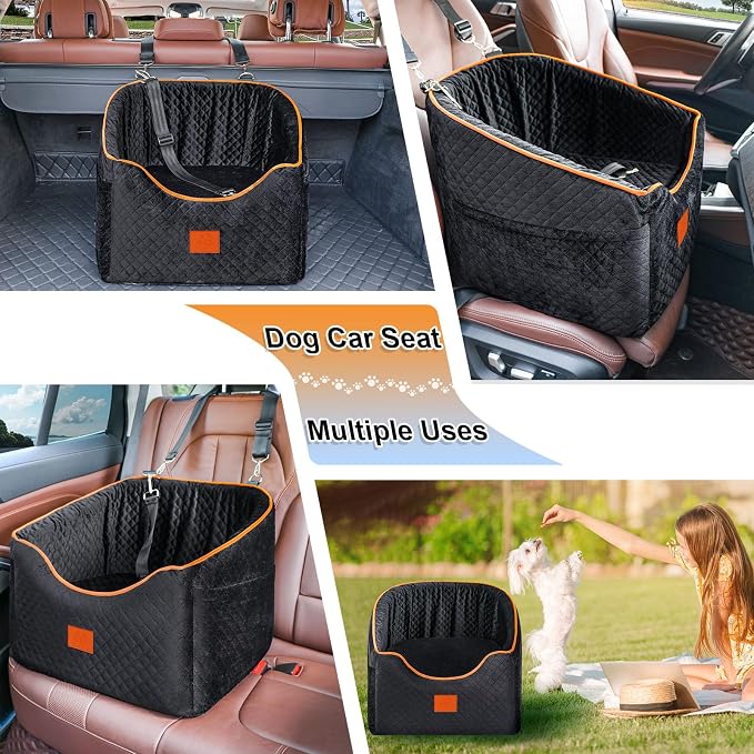 XIEEAOZEE Dog Car Seat for Small Dogs, Memory Foam Booster Dog Seat for Dogs up to 35 lbs, Elevated Pet Car Seat with Washable Removable Cover, Storage Pockets (Black)