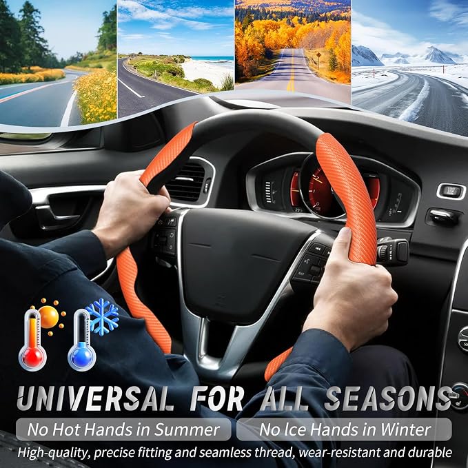 WOCOCN 2pcs Car Steering Wheel Cover,Anti-Skid Carbon Fiber Steering Wheel Protector for Men Women,Multiple Color Options,Universal for Most Car Interiors Accessories (Orange)