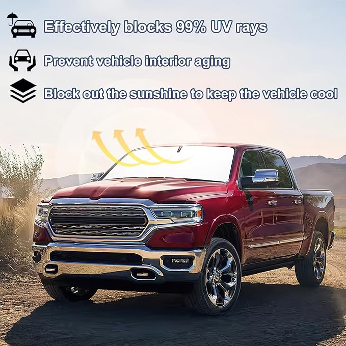 Windshield Sun Shade for 2009-2018 Dodge RAM 1500 Foldable Front Window Shade 310T Thickened Protect from Sun Rays & Heat Damage Fully Covered to Keep Cool