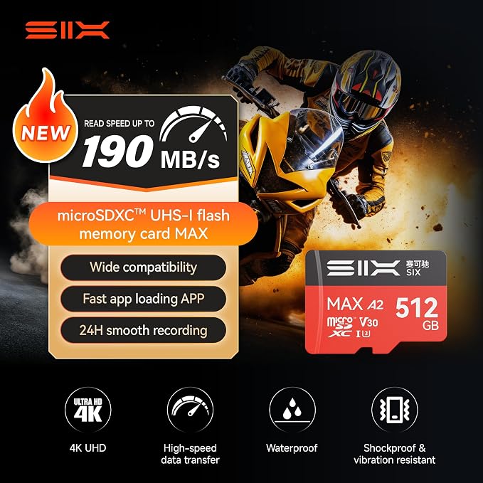 SIX M200 256GB Micro SD Card Read Up to 190MB/s for 4K UHD Continuous Recording - A2, U3, V30 microSDXC Memory Card 256GB with Adapter for Action Cameras, Drones, Gaming Consoles, Dash Cams, Phones