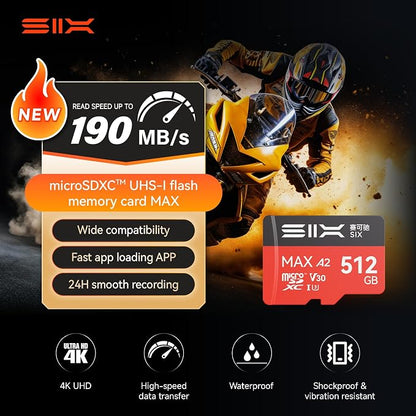 SIX M200 512GB Micro SD Card Read Up to 190MB/s for 4K UHD Continuous Recording - A2, U3, V30 microSDXC Memory Card 512GB with Adapter for Action Cameras, Drones, Gaming Consoles, Dash Cams, Phones