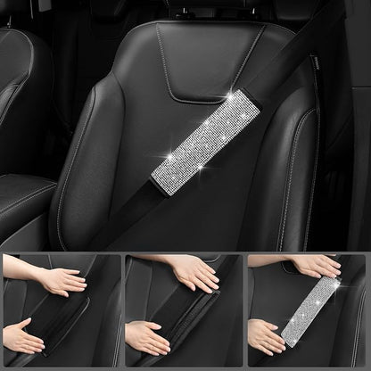 CAR PASS Bling Diamond Leather Car Seat Covers Sets 11 pcs,Bling Diamond Car Accessories for Women, Sparkly Rhinestone Steering Wheel Cover, Glitter Cute Interior Sets for Women Girl,Silver