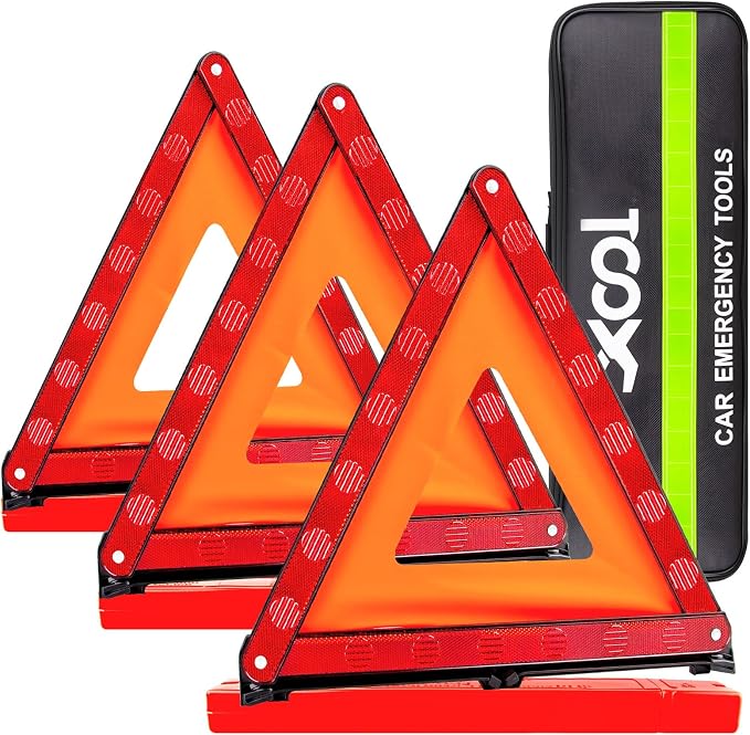 XOOL Warning Triangle, Emergency Warning Triangles for Vehicles, Reflective Triangle, Emergency Warning Reflector Safety Triangle Kit with Carry Case, 3-Pack